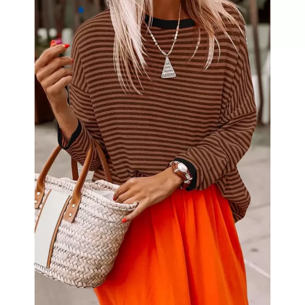 imageZESICA Womens 2024 Fall Striped Sweaters Long Sleeve Crew Neck Shirts Color Block Lightweight Pullover TopsCoffee
