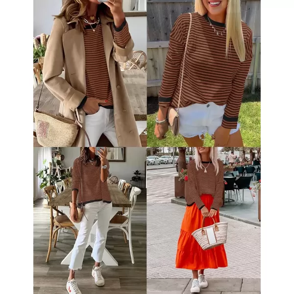 imageZESICA Womens 2024 Fall Striped Sweaters Long Sleeve Crew Neck Shirts Color Block Lightweight Pullover TopsCoffee