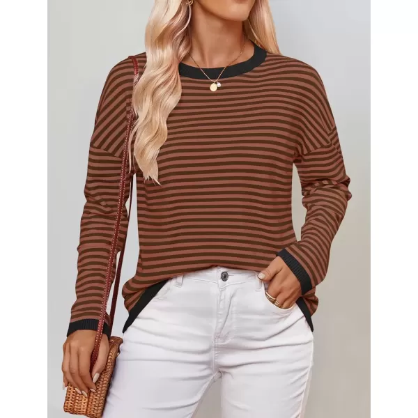 imageZESICA Womens 2024 Fall Striped Sweaters Long Sleeve Crew Neck Shirts Color Block Lightweight Pullover TopsCoffee