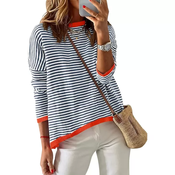 imageZESICA Womens 2024 Fall Striped Sweaters Long Sleeve Crew Neck Shirts Color Block Lightweight Pullover TopsDark Blue