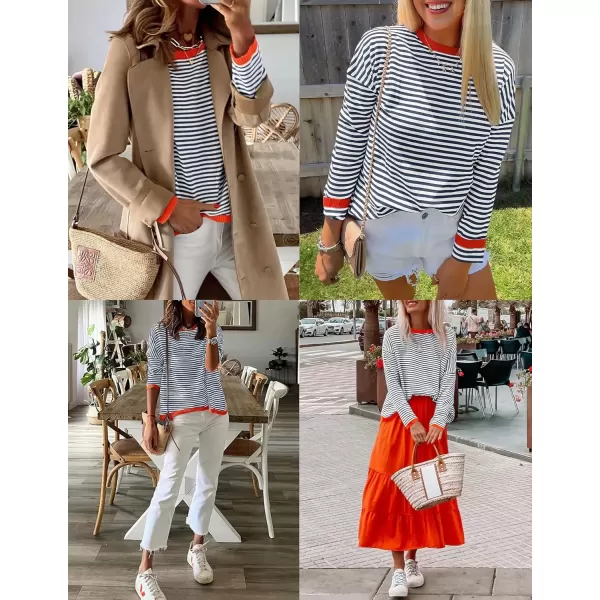 imageZESICA Womens 2024 Fall Striped Sweaters Long Sleeve Crew Neck Shirts Color Block Lightweight Pullover TopsDark Blue