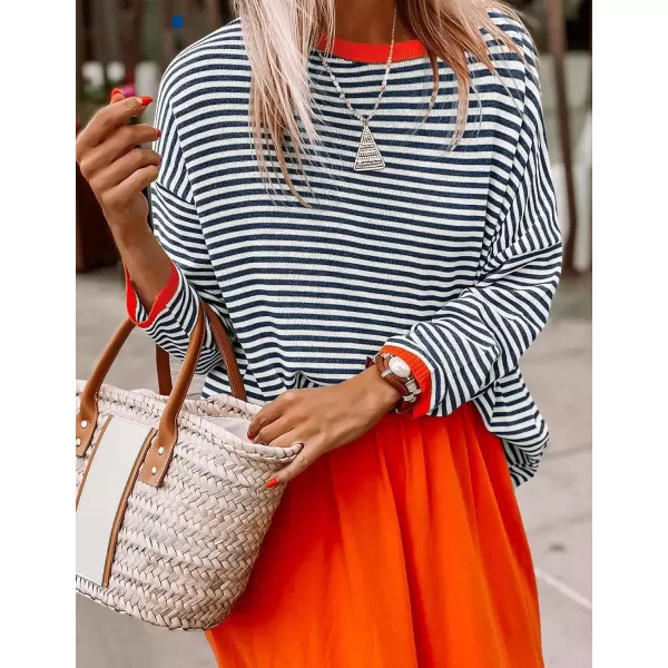 imageZESICA Womens 2024 Fall Striped Sweaters Long Sleeve Crew Neck Shirts Color Block Lightweight Pullover TopsDark Blue