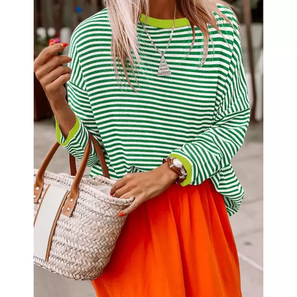 imageZESICA Womens 2024 Fall Striped Sweaters Long Sleeve Crew Neck Shirts Color Block Lightweight Pullover TopsGrass
