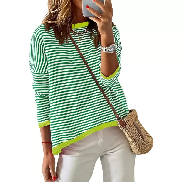 imageZESICA Womens 2024 Fall Striped Sweaters Long Sleeve Crew Neck Shirts Color Block Lightweight Pullover TopsGrass