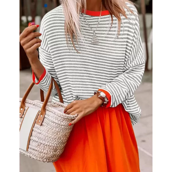 imageZESICA Womens 2024 Fall Striped Sweaters Long Sleeve Crew Neck Shirts Color Block Lightweight Pullover TopsGrey