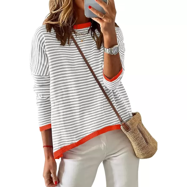 imageZESICA Womens 2024 Fall Striped Sweaters Long Sleeve Crew Neck Shirts Color Block Lightweight Pullover TopsGrey