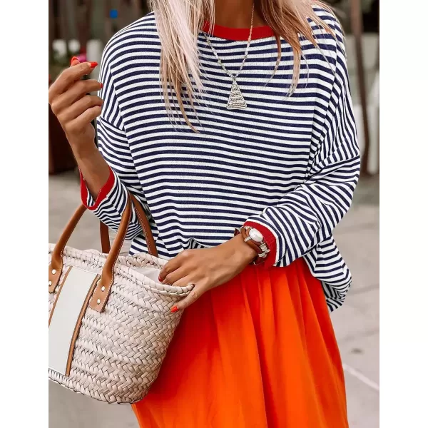 imageZESICA Womens 2024 Fall Striped Sweaters Long Sleeve Crew Neck Shirts Color Block Lightweight Pullover TopsNavy