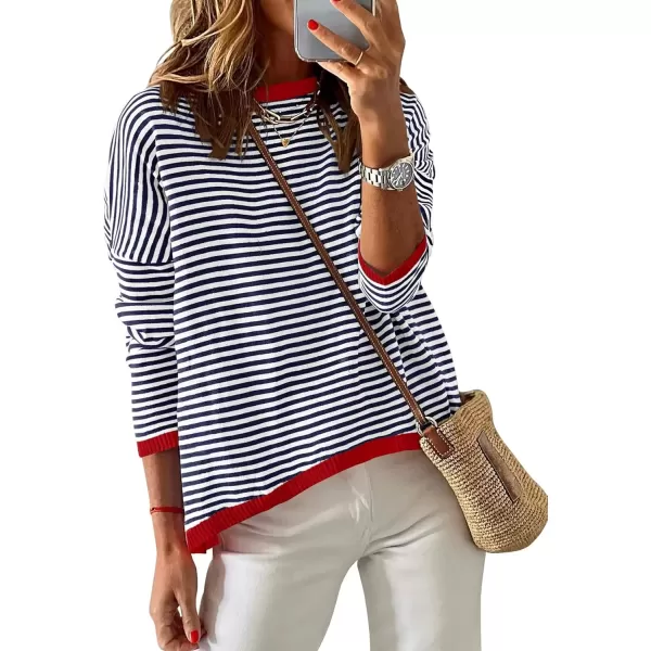 imageZESICA Womens 2024 Fall Striped Sweaters Long Sleeve Crew Neck Shirts Color Block Lightweight Pullover TopsNavy