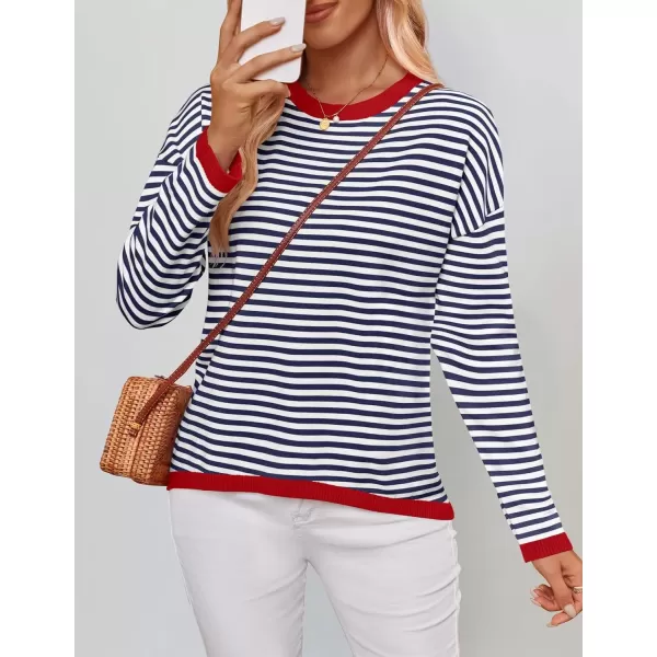 imageZESICA Womens 2024 Fall Striped Sweaters Long Sleeve Crew Neck Shirts Color Block Lightweight Pullover TopsNavy