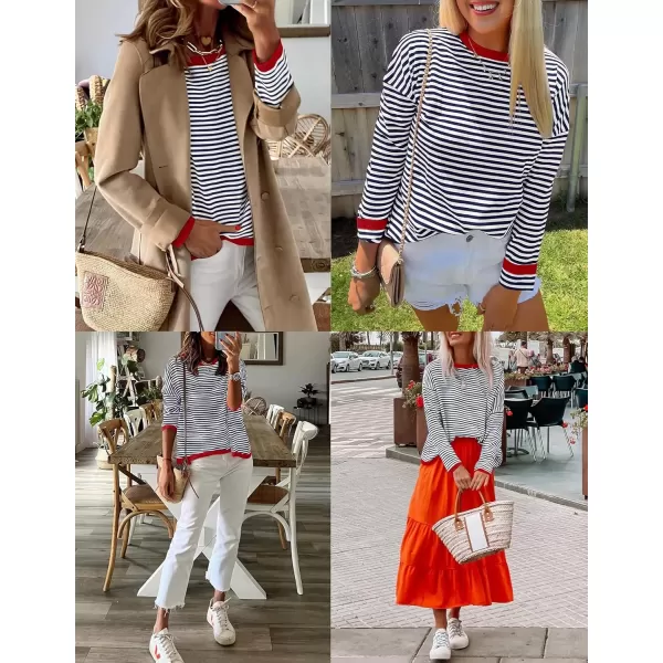 imageZESICA Womens 2024 Fall Striped Sweaters Long Sleeve Crew Neck Shirts Color Block Lightweight Pullover TopsNavy