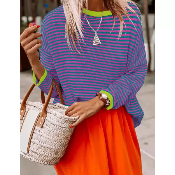 imageZESICA Womens 2024 Fall Striped Sweaters Long Sleeve Crew Neck Shirts Color Block Lightweight Pullover TopsPinkgreen