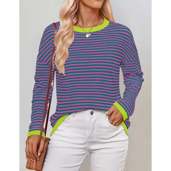 imageZESICA Womens 2024 Fall Striped Sweaters Long Sleeve Crew Neck Shirts Color Block Lightweight Pullover TopsPinkgreen