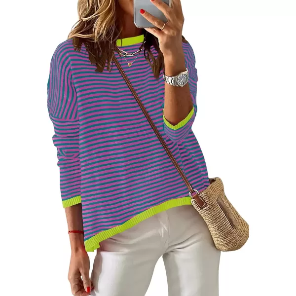 imageZESICA Womens 2024 Fall Striped Sweaters Long Sleeve Crew Neck Shirts Color Block Lightweight Pullover TopsPinkgreen