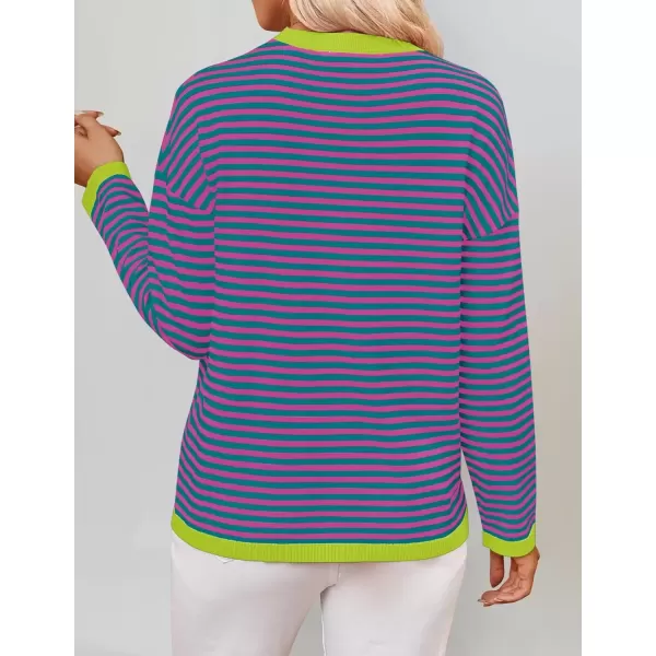 imageZESICA Womens 2024 Fall Striped Sweaters Long Sleeve Crew Neck Shirts Color Block Lightweight Pullover TopsPinkgreen