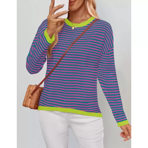 imageZESICA Womens 2024 Fall Striped Sweaters Long Sleeve Crew Neck Shirts Color Block Lightweight Pullover TopsPinkgreen