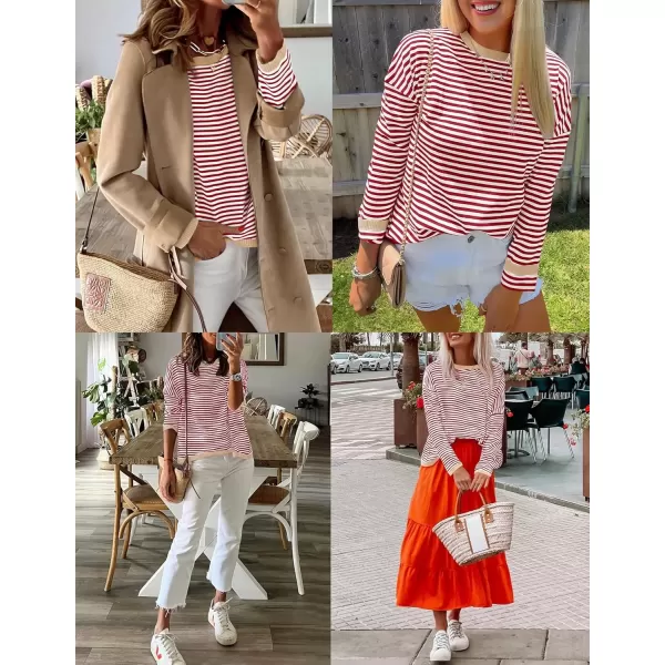 imageZESICA Womens 2024 Fall Striped Sweaters Long Sleeve Crew Neck Shirts Color Block Lightweight Pullover TopsRed