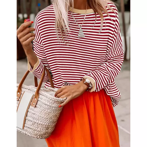 imageZESICA Womens 2024 Fall Striped Sweaters Long Sleeve Crew Neck Shirts Color Block Lightweight Pullover TopsRed