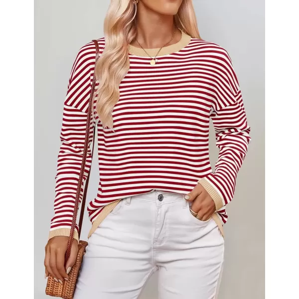 imageZESICA Womens 2024 Fall Striped Sweaters Long Sleeve Crew Neck Shirts Color Block Lightweight Pullover TopsRed
