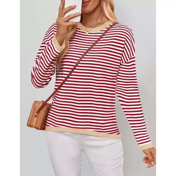 imageZESICA Womens 2024 Fall Striped Sweaters Long Sleeve Crew Neck Shirts Color Block Lightweight Pullover TopsRed