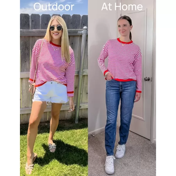imageZESICA Womens 2024 Fall Striped Sweaters Long Sleeve Crew Neck Shirts Color Block Lightweight Pullover TopsRose