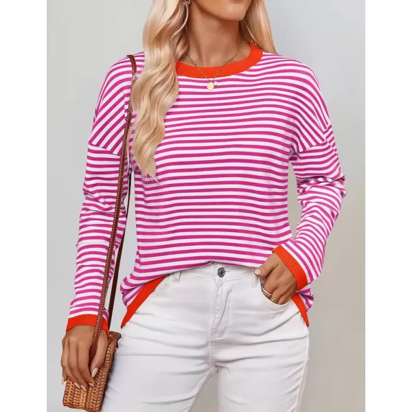 imageZESICA Womens 2024 Fall Striped Sweaters Long Sleeve Crew Neck Shirts Color Block Lightweight Pullover TopsRose
