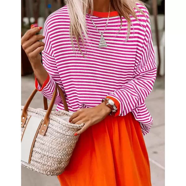 imageZESICA Womens 2024 Fall Striped Sweaters Long Sleeve Crew Neck Shirts Color Block Lightweight Pullover TopsRose