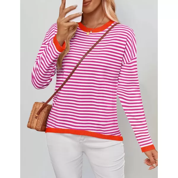 imageZESICA Womens 2024 Fall Striped Sweaters Long Sleeve Crew Neck Shirts Color Block Lightweight Pullover TopsRose