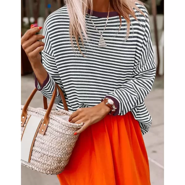 imageZESICA Womens 2024 Fall Striped Sweaters Long Sleeve Crew Neck Shirts Color Block Lightweight Pullover TopsSmokeblue