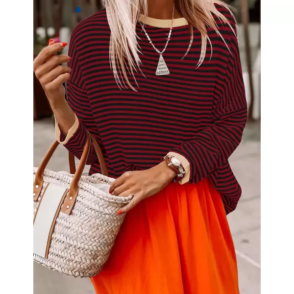 imageZESICA Womens 2024 Fall Striped Sweaters Long Sleeve Crew Neck Shirts Color Block Lightweight Pullover TopsWineblack