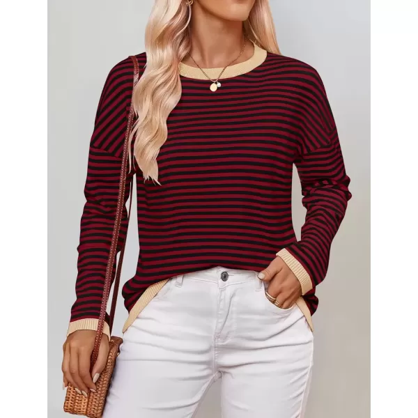 imageZESICA Womens 2024 Fall Striped Sweaters Long Sleeve Crew Neck Shirts Color Block Lightweight Pullover TopsWineblack