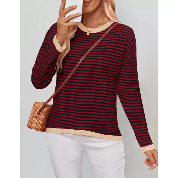 imageZESICA Womens 2024 Fall Striped Sweaters Long Sleeve Crew Neck Shirts Color Block Lightweight Pullover TopsWineblack