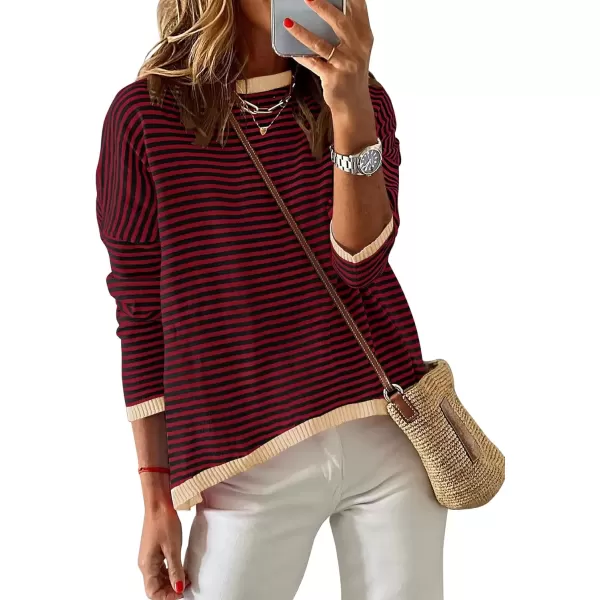 imageZESICA Womens 2024 Fall Striped Sweaters Long Sleeve Crew Neck Shirts Color Block Lightweight Pullover TopsWineblack