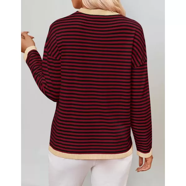 imageZESICA Womens 2024 Fall Striped Sweaters Long Sleeve Crew Neck Shirts Color Block Lightweight Pullover TopsWineblack