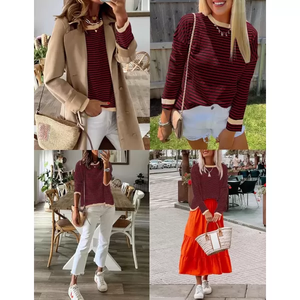 imageZESICA Womens 2024 Fall Striped Sweaters Long Sleeve Crew Neck Shirts Color Block Lightweight Pullover TopsWineblack