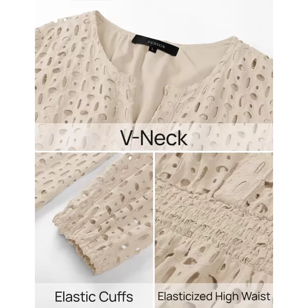 imageZESICA Womens 2024 Long Sleeve Mini Dress Fall V Neck Hollow Out Eyelet Embroidery Ruffle A Line Swing Short DressesApricot