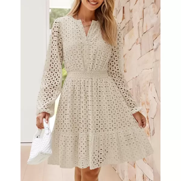 imageZESICA Womens 2024 Long Sleeve Mini Dress Fall V Neck Hollow Out Eyelet Embroidery Ruffle A Line Swing Short DressesApricot