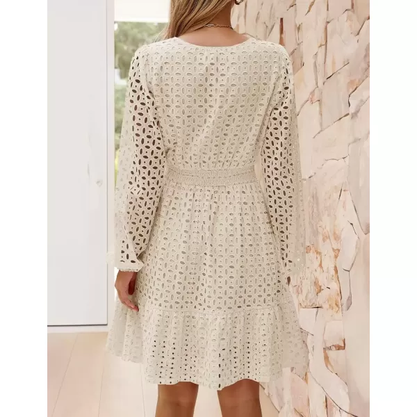 imageZESICA Womens 2024 Long Sleeve Mini Dress Fall V Neck Hollow Out Eyelet Embroidery Ruffle A Line Swing Short DressesApricot