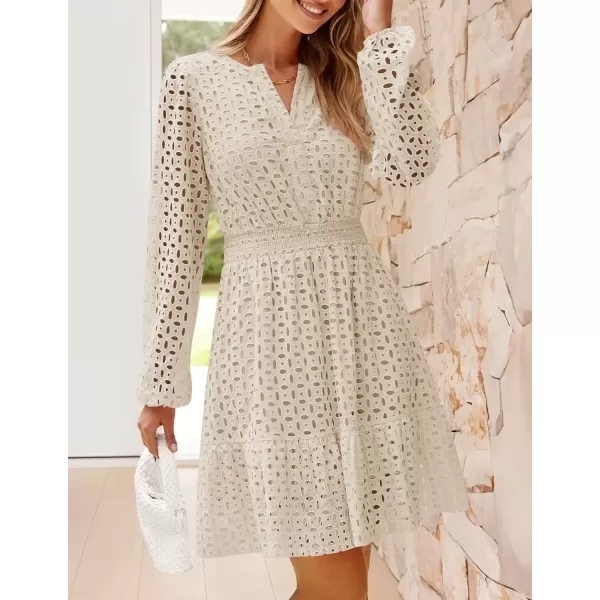 imageZESICA Womens 2024 Long Sleeve Mini Dress Fall V Neck Hollow Out Eyelet Embroidery Ruffle A Line Swing Short DressesApricot