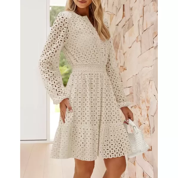 imageZESICA Womens 2024 Long Sleeve Mini Dress Fall V Neck Hollow Out Eyelet Embroidery Ruffle A Line Swing Short DressesApricot