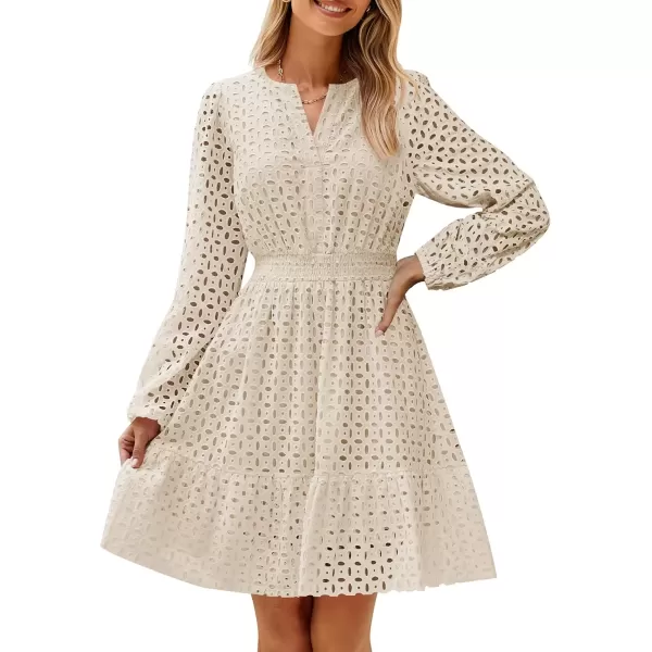 imageZESICA Womens 2024 Long Sleeve Mini Dress Fall V Neck Hollow Out Eyelet Embroidery Ruffle A Line Swing Short DressesApricot