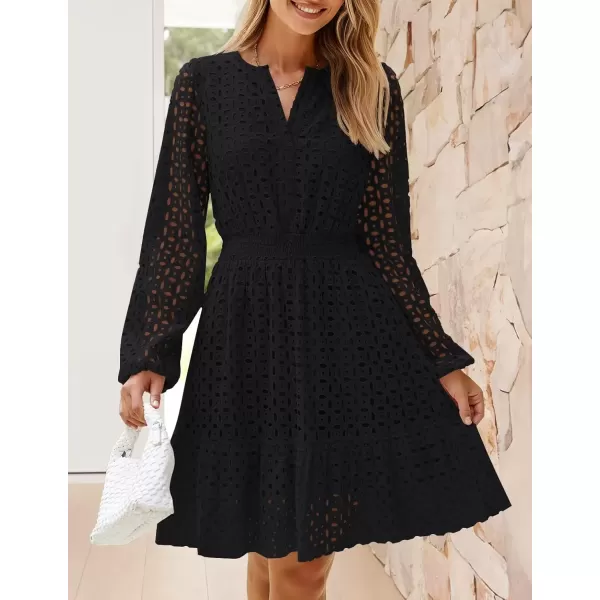 imageZESICA Womens 2024 Long Sleeve Mini Dress Fall V Neck Hollow Out Eyelet Embroidery Ruffle A Line Swing Short DressesBlack