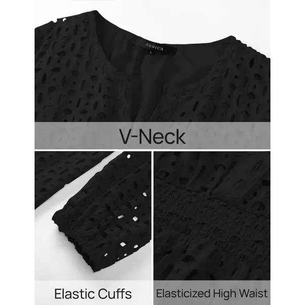 imageZESICA Womens 2024 Long Sleeve Mini Dress Fall V Neck Hollow Out Eyelet Embroidery Ruffle A Line Swing Short DressesBlack