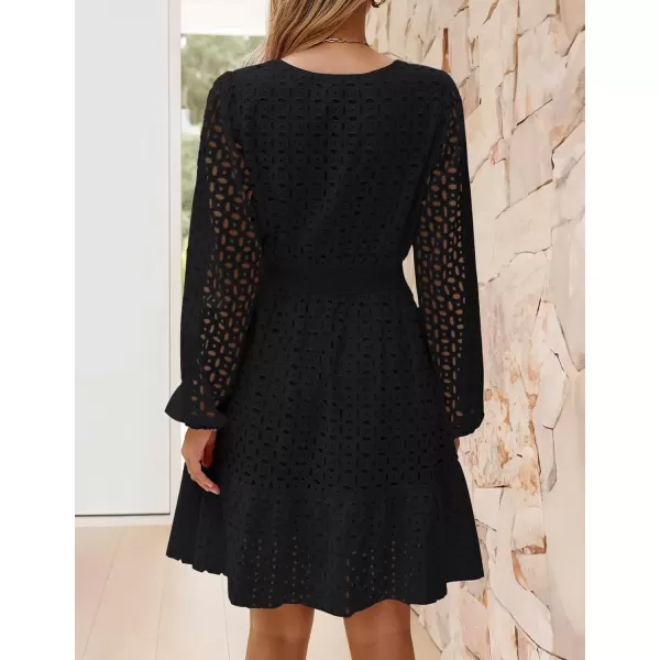 imageZESICA Womens 2024 Long Sleeve Mini Dress Fall V Neck Hollow Out Eyelet Embroidery Ruffle A Line Swing Short DressesBlack