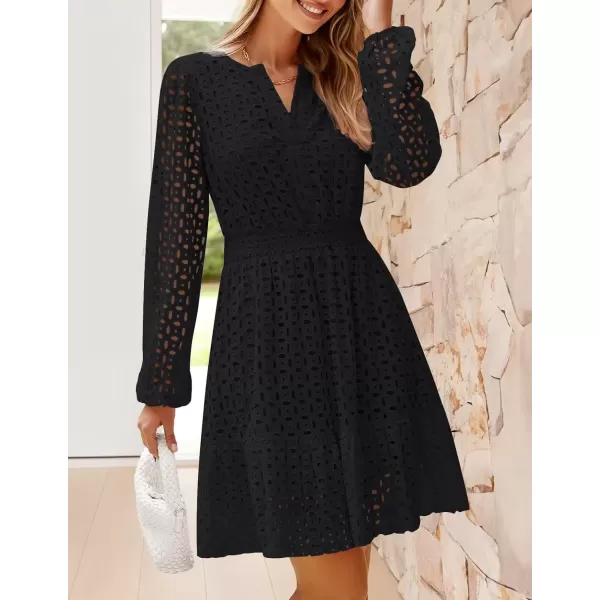 imageZESICA Womens 2024 Long Sleeve Mini Dress Fall V Neck Hollow Out Eyelet Embroidery Ruffle A Line Swing Short DressesBlack