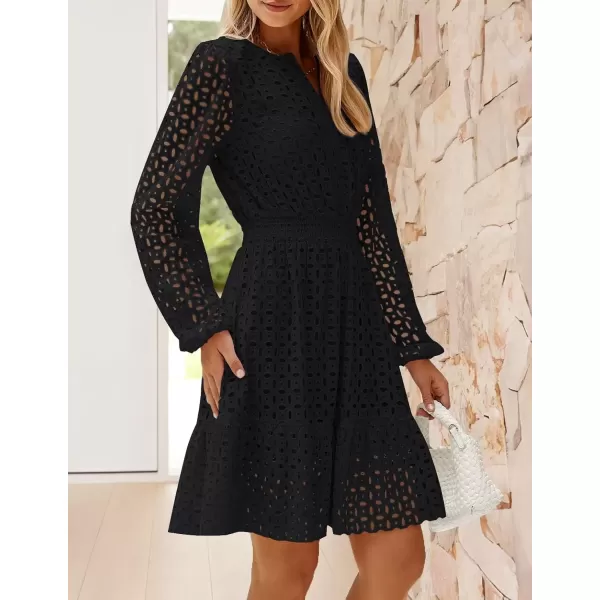 imageZESICA Womens 2024 Long Sleeve Mini Dress Fall V Neck Hollow Out Eyelet Embroidery Ruffle A Line Swing Short DressesBlack