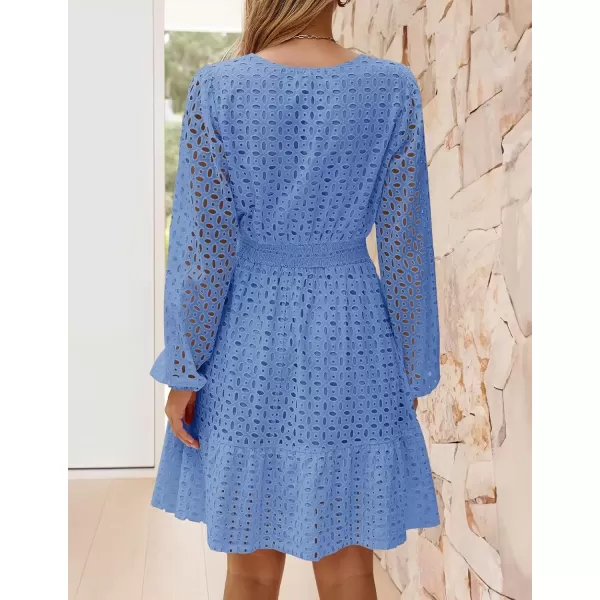 imageZESICA Womens 2024 Long Sleeve Mini Dress Fall V Neck Hollow Out Eyelet Embroidery Ruffle A Line Swing Short DressesBlue