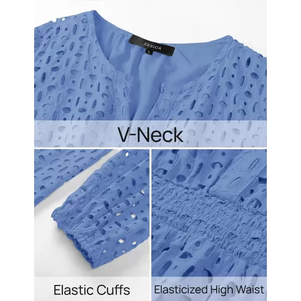 imageZESICA Womens 2024 Long Sleeve Mini Dress Fall V Neck Hollow Out Eyelet Embroidery Ruffle A Line Swing Short DressesBlue