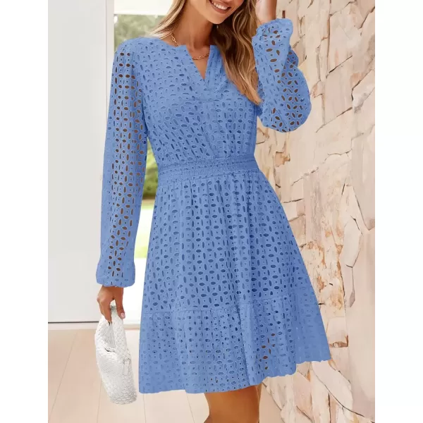 imageZESICA Womens 2024 Long Sleeve Mini Dress Fall V Neck Hollow Out Eyelet Embroidery Ruffle A Line Swing Short DressesBlue