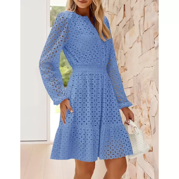 imageZESICA Womens 2024 Long Sleeve Mini Dress Fall V Neck Hollow Out Eyelet Embroidery Ruffle A Line Swing Short DressesBlue