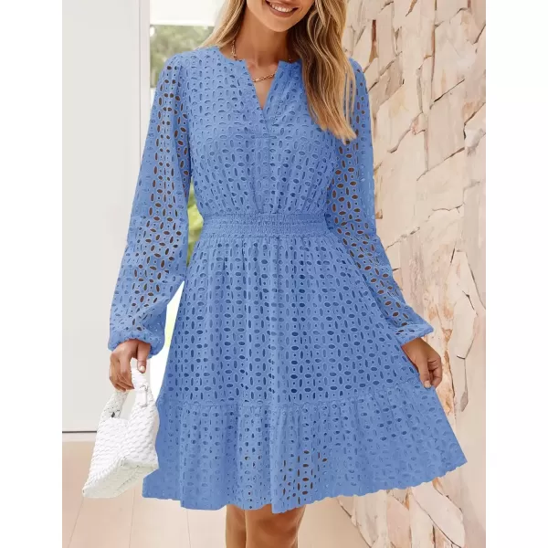 imageZESICA Womens 2024 Long Sleeve Mini Dress Fall V Neck Hollow Out Eyelet Embroidery Ruffle A Line Swing Short DressesBlue